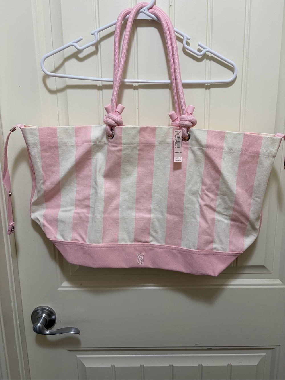 PINK Victoria's Secret Pink & White Striped Canvas Tote